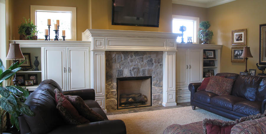 mantle, entertainment center, book case, interior design